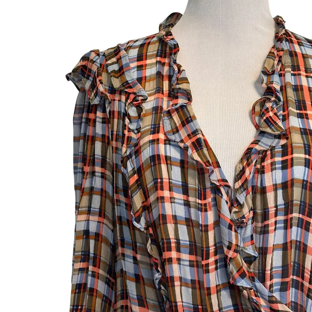 Anthropologie Plaid Ruffle Blouse - Brown, Blue, White - Picture 3 of 11